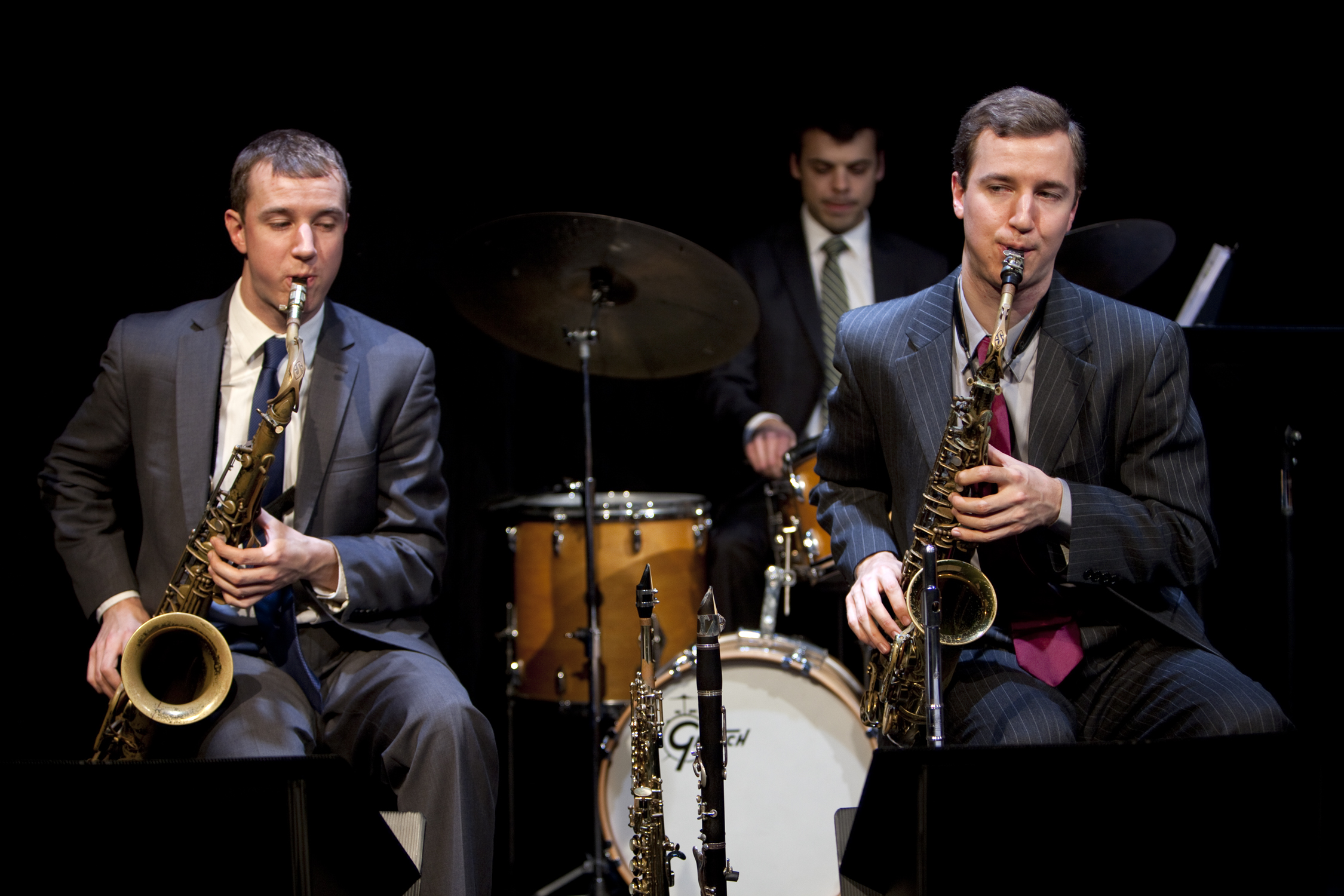  Peter Anderson, Luc Decker (drums), and Will Anderson in LE JAZZ HOT HOW THE FRENCH SAVED JAZZ at 59E59 Theaters.  Photo credit: Eileen O'Donnell