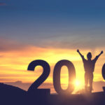 Silhouette freedom young woman Enjoying on the hill and 2019 years while celebrating new year, copy spce.